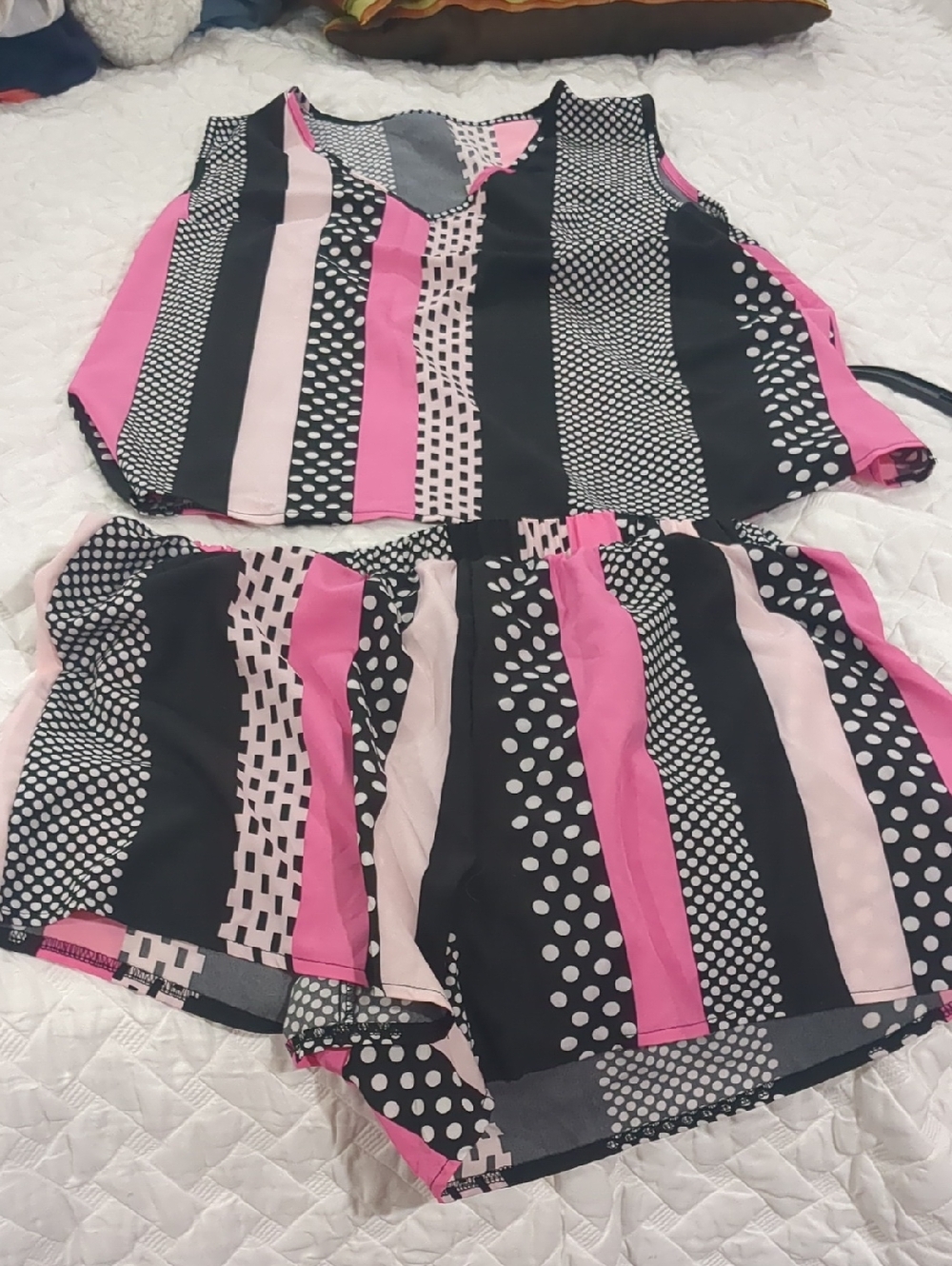 SHEIN Pink, Light Pink & Black Striped Polka Dot Shorts Set Size 1xl